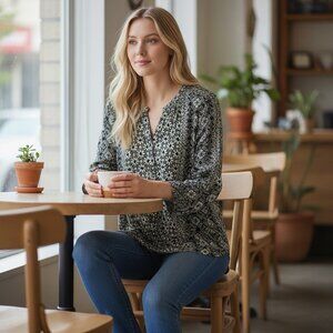 Lucky Brand Black Cream Long Sleeve Floral Boho Blouse M Medium Split V-Neck